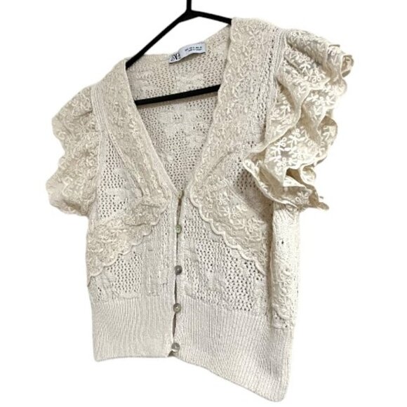 Zara Lace Trim Pointelle Crochet Knit Top - Picture 4 of 8